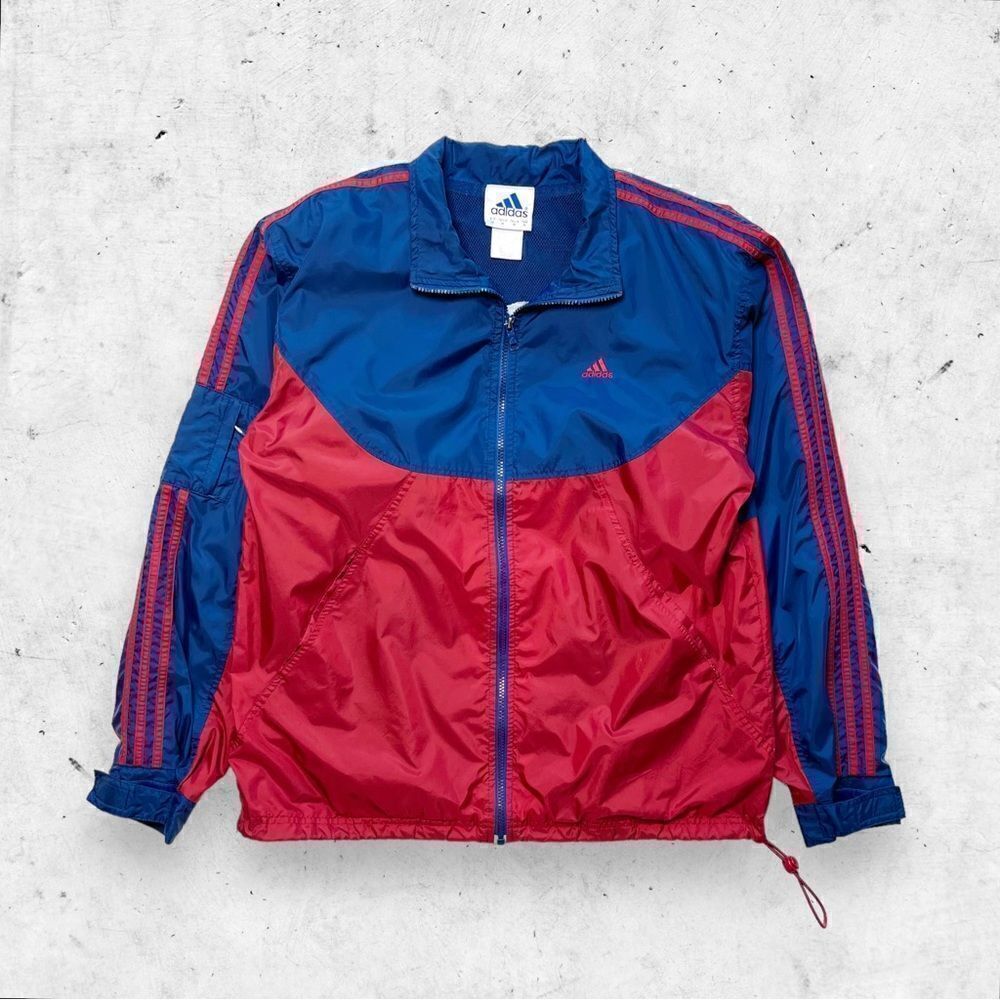 Vtg 90s adidas Windbreaker Full Zip Jacket, Mesh Lining, 3 Stripes Drawcord Logo